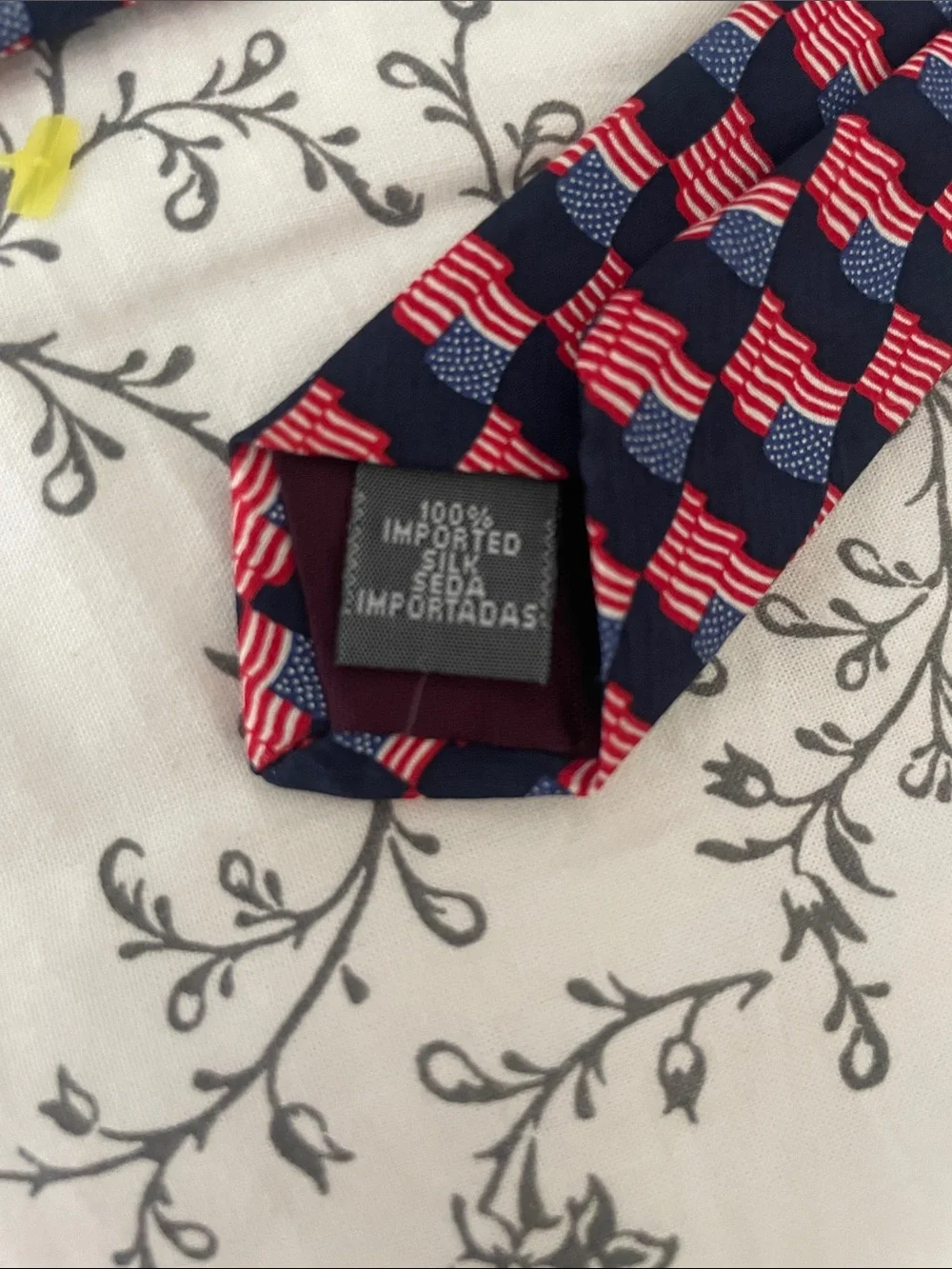 Men's Navy Blue Tie with Red Flag Pattern